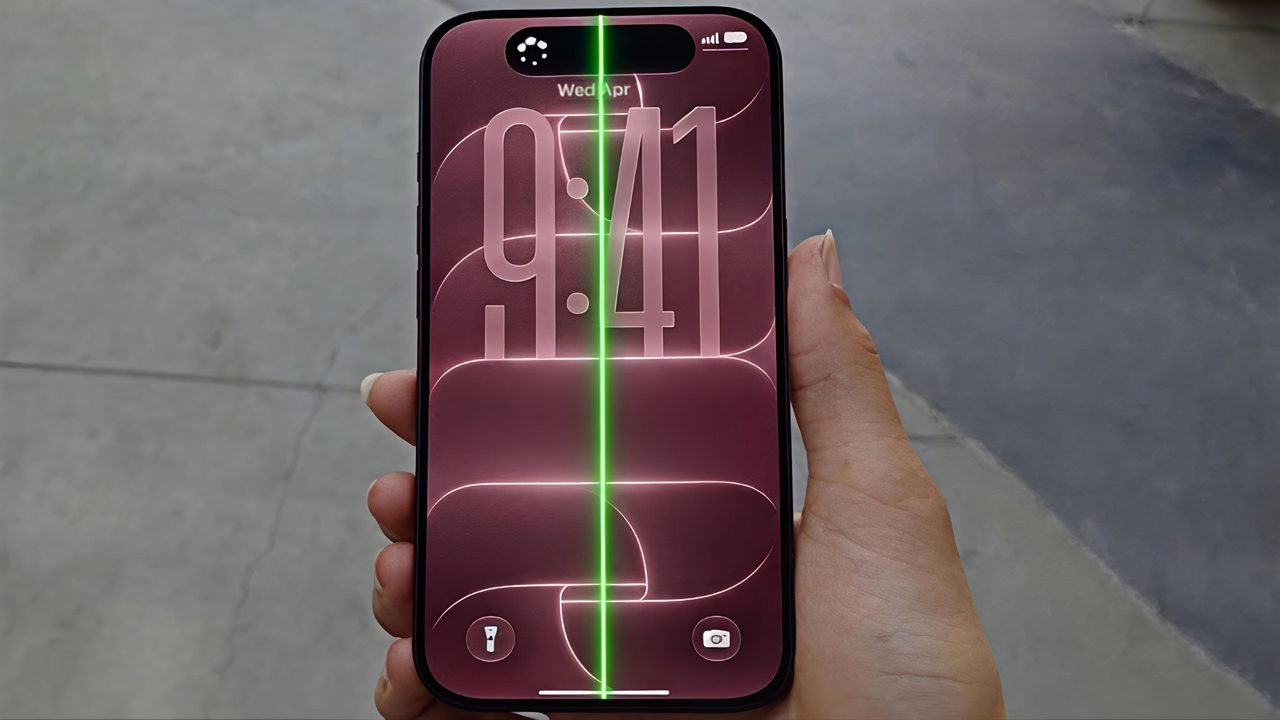 Close-up photograph of an iPhone 18 Pro Max display showing a prominent green vertical line screen problem.